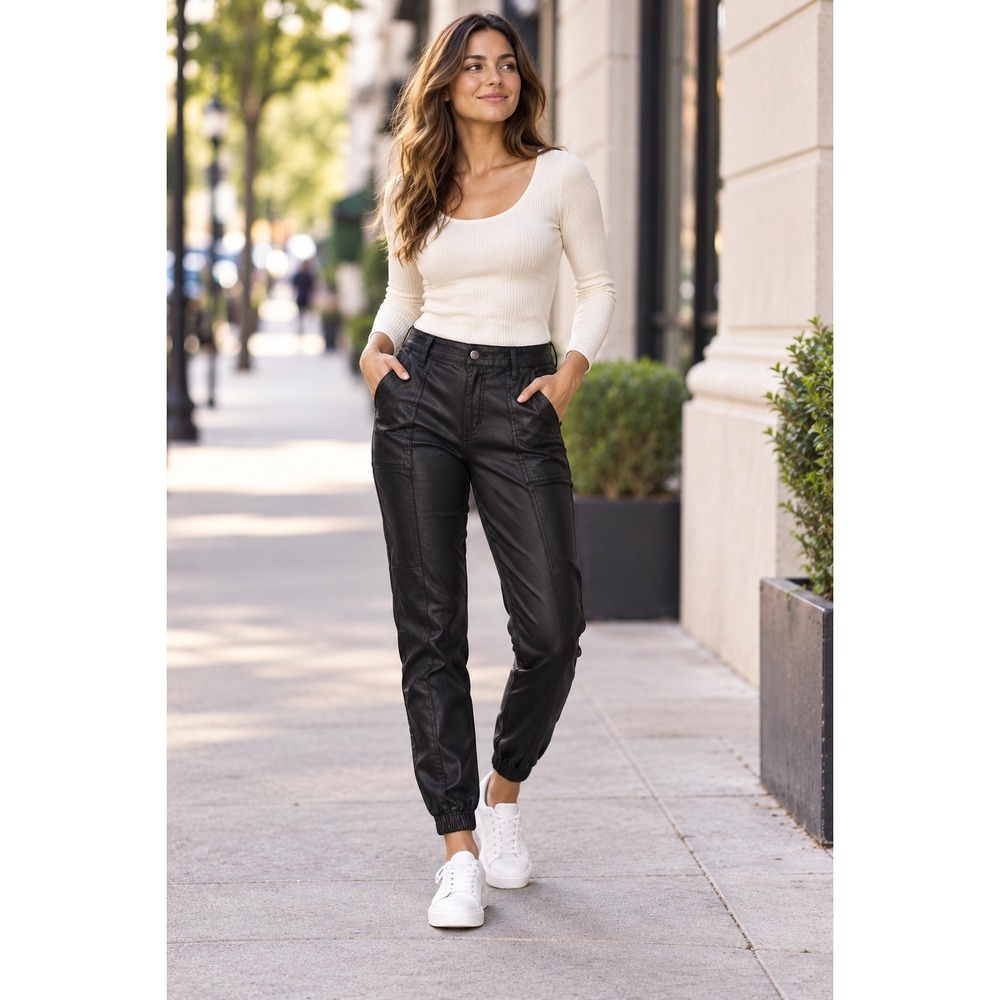 7 For All Mankind Darted Coated Black Denim Joggers High Rise SZ 29